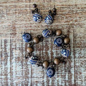 Chico's Bracelet and Earring Beaded Set - Blue and Deep Tan- Bohemian